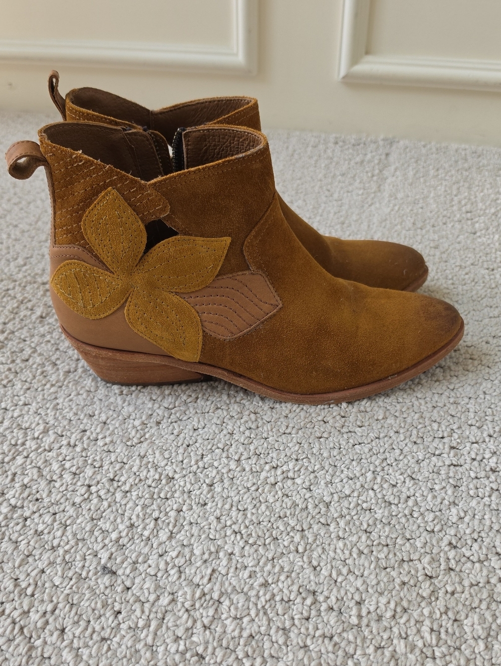 Frye Mustard Suede Floral Applique Ankle Booties